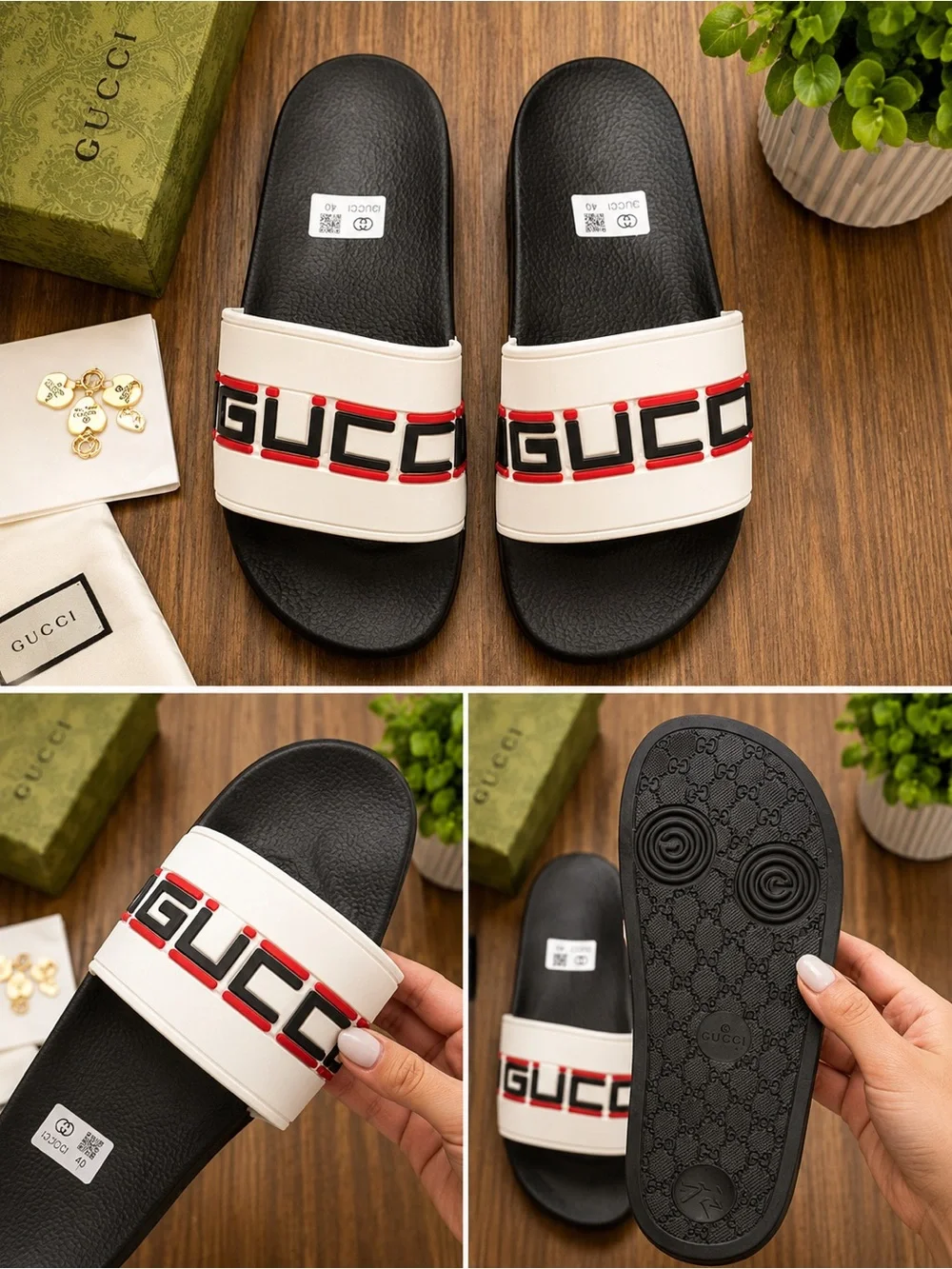 Gucci Black & White Logo Slide Sandals